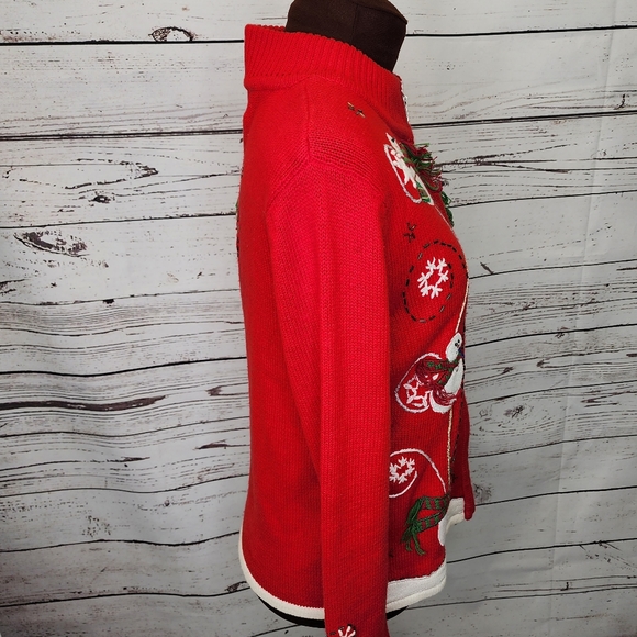 Designer Originals Red‎ Snowman Christmas Zippered Cardigan Size Small - Picture 6 of 10